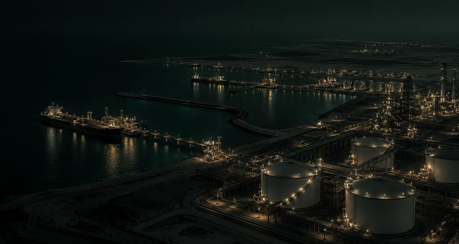 A large storage tank and dense process infrastructure at an industrial facility at night.