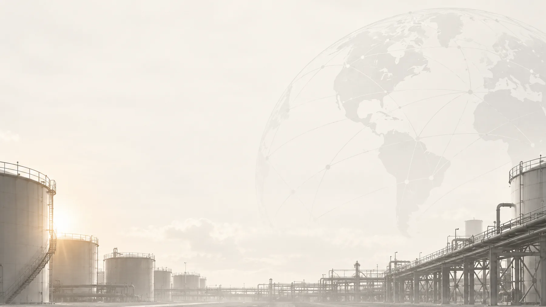 A bright tank terminal and pipe racks at dawn beside a faint line-drawn globe, suggesting connected industrial assets worldwide.