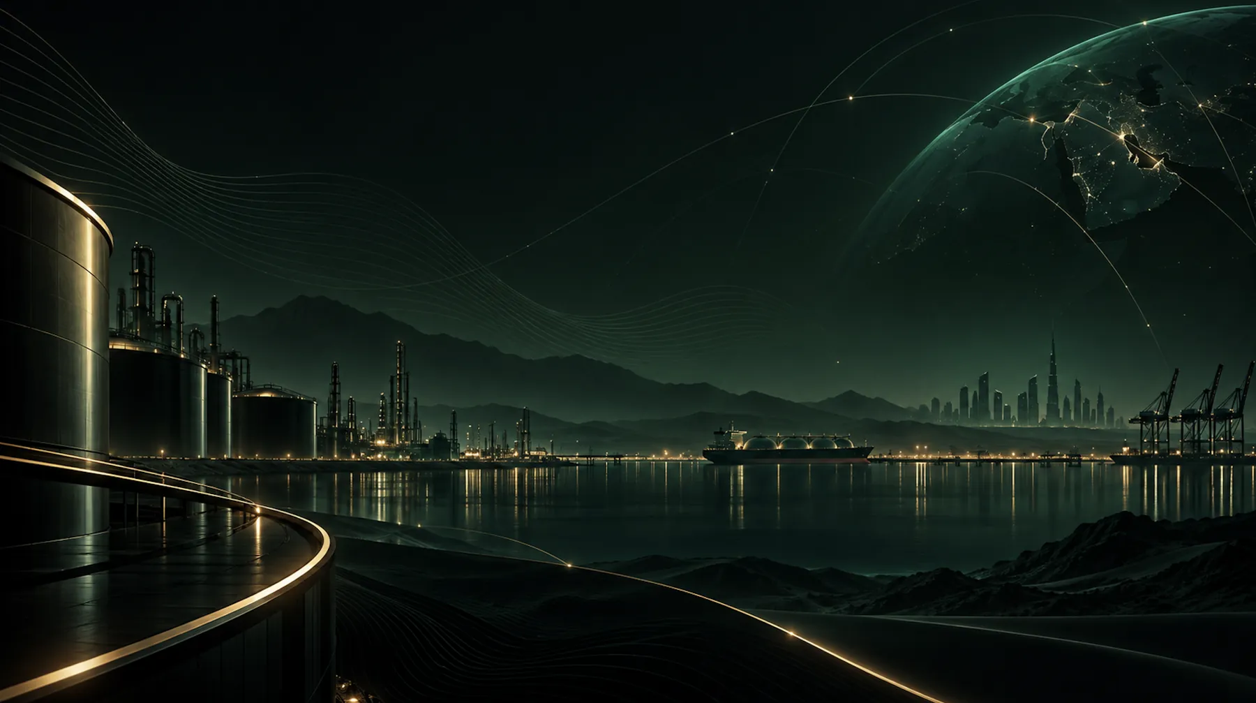 An industrial port and tank terminal at night with a faintly glowing connected globe on the horizon, linking assets worldwide.