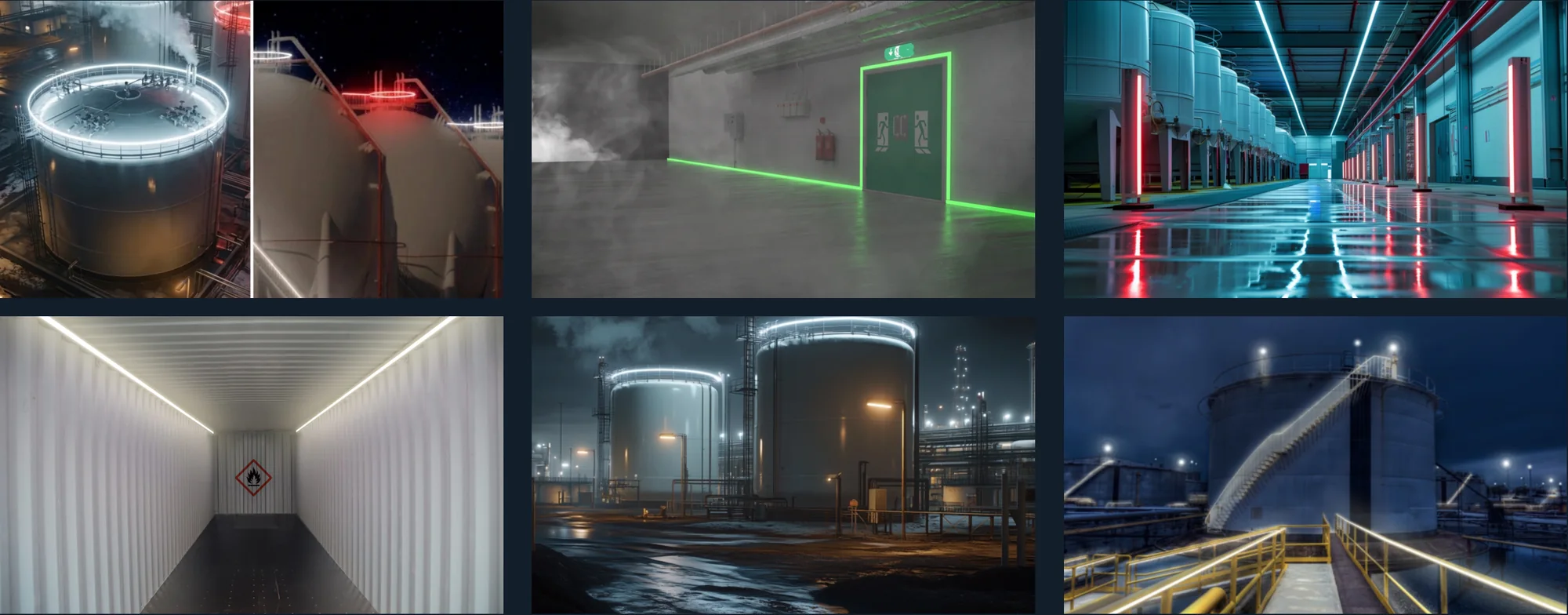 A grid of SafeGlo lighting applications: illuminated tank halos, a smoke-filled emergency egress door edged in green, a process bay lit with coloured LED lines, and tank-farm walkways.