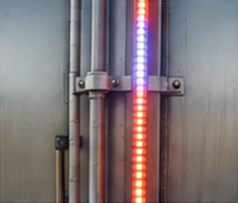 Close-up of a SHIELD LED light bar on a tank shell, the lower section glowing red and the upper section blue to indicate level.