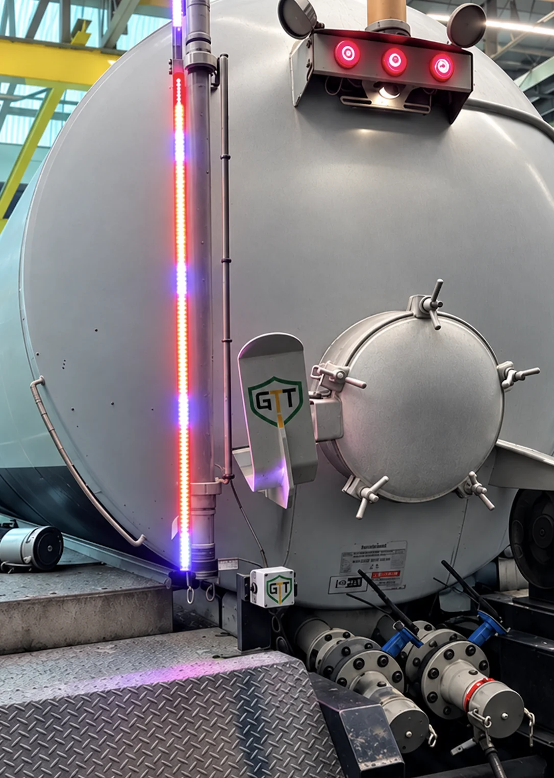 A transport tank fitted with a GTT SHIELD vertical LED light bar glowing on the shell, a radar level sensor on top and the SHIELD control box mounted below.