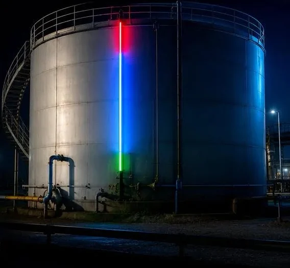 A large bolted steel storage tank at dusk with a full-height SHIELD level indicator illuminated on the shell.