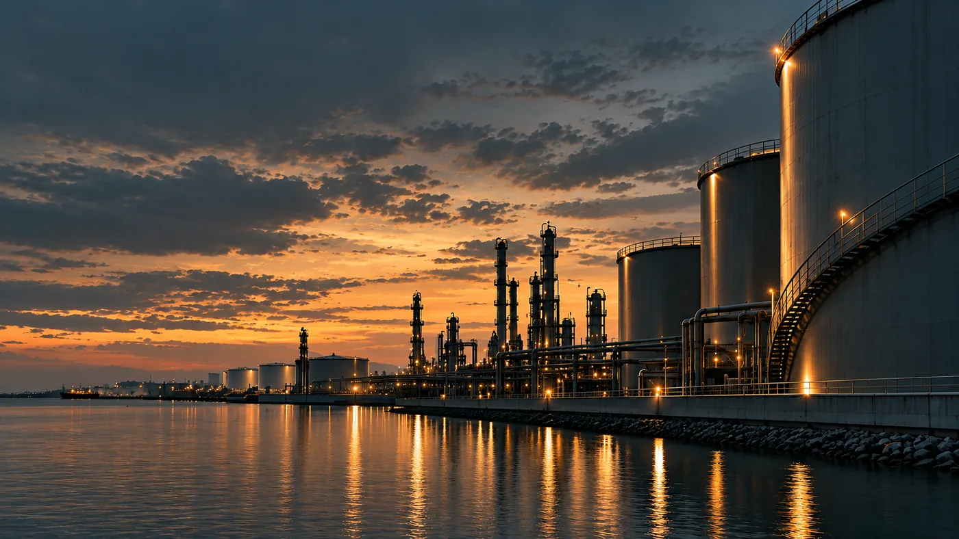 Storage tanks at dusk with SHIELD LED level indicators glowing on each shell.
