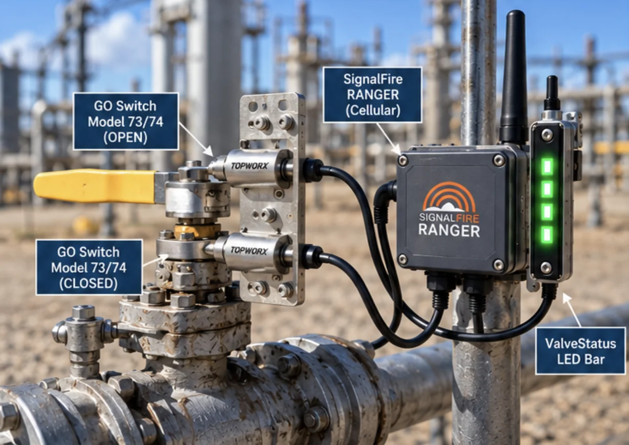 A GTT ValveStatus LED bar glowing green beside two TopWorx GO Switch valve-position sensors and a SignalFire RANGER cellular gateway on a wellhead valve.